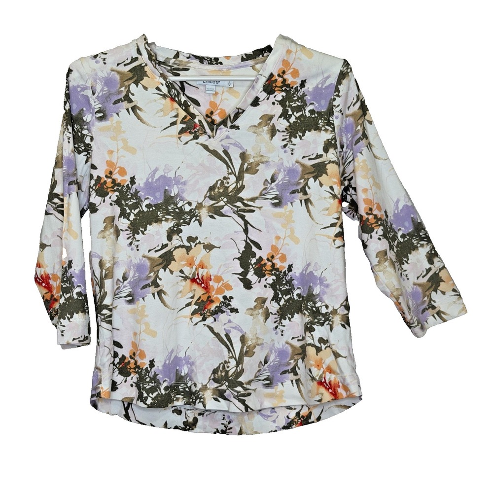 Chico's Pullover Top Size 1 US Medium Multicolor Floral 3/4 Sleeve V-Neck Cotton